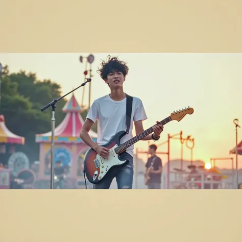 Handsome asian teenager 1, lead vocal and also playing guitar with his band on the stage. The background at daylight of carnaval playground. he is wearing T-shirt ripped black jeans pants and black boots , wearing black boots, black messy hair, full body s...