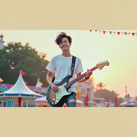 Handsome asian teenager 1, lead vocal and also playing guitar with his band on the stage. The background at daylight of carnaval playground. he is wearing T-shirt ripped black jeans pants and black boots , wearing black boots, black messy hair, full body s...