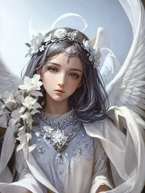 a woman with a crown of flowers, angel with wings, white flower, masterpiece, fantasy, surreal, ethereal, whimsical, magical realism, beautiful detailed eyes, beautiful detailed lips, extremely detailed face and features, long eyelashes, delicate porcelain...