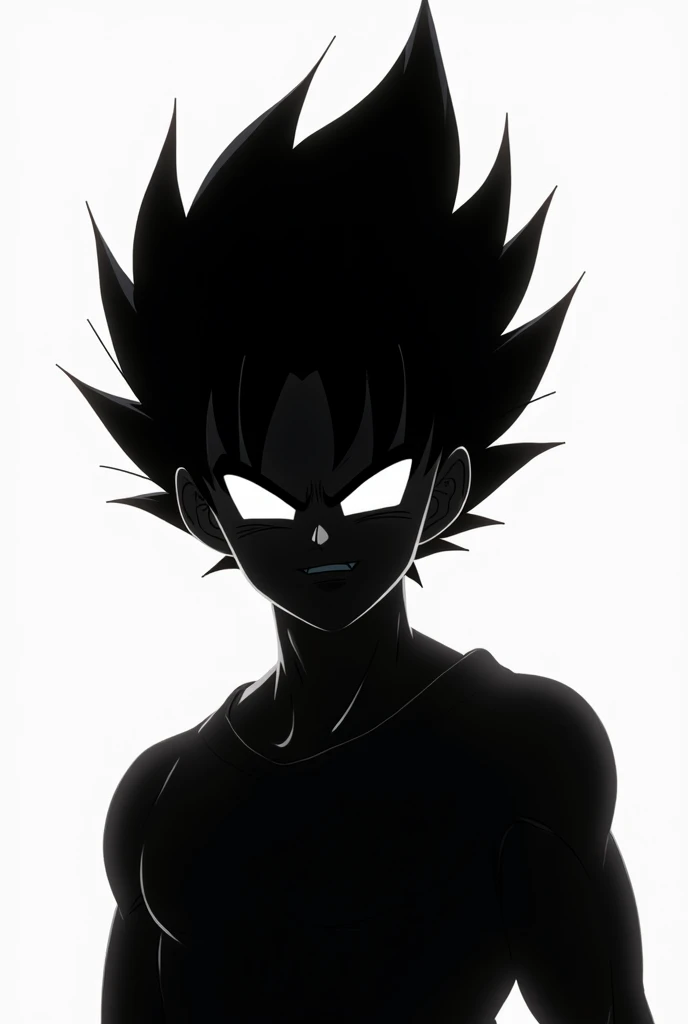 A young man in a white shirt with white eyes and angry hair up in the style of Gohan from Dragon Ball and thin, facing the front.
just the silhouette of the drawing