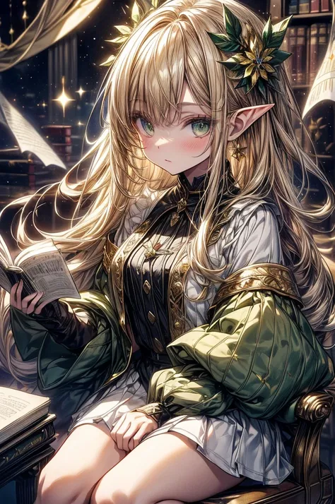 (((Masterpiece, highest quality, high definition, high detail)))), one, ((fantasy)))), (elf woman)))), (white short skirt with gold embroidery), (blonde long straight hair), (glossy dark green eyes), (green surcoat with gold embroidery), big, (((National L...