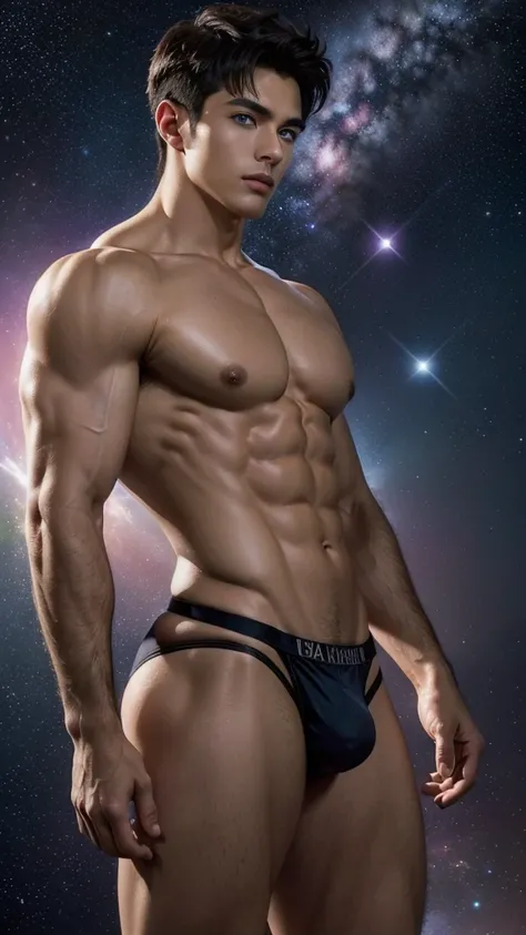 (masterpiece, high resolution, detailed:1.3), a mesmerizing depiction of a (strikingly handsome young man:1.5) donning (wearing sleek and form-fitting thong, bulge:1.5), LED internal lighting, glowing blue iris, muscular, standing against the backdrop of t...