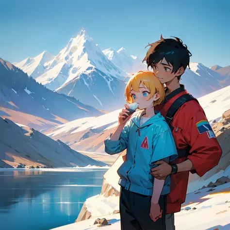 A boy giving ice cream to his younger sister, with a mountainous background and a lake