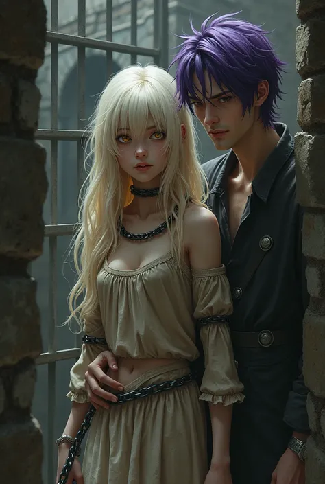 Chained golden white haired girl with honey colored eyes in dirty medieval clothes in a cell At his side a man with purple hair.