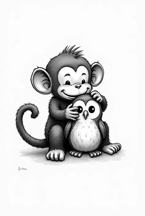 (black and white) logo, (hand-drawn) art style, cute cheeky monkey, posing playfully with hands on a best friend owls head, whimsical design, friendly atmosphere, intricate details, outlines, dynamic expressions, playful interaction, unique branding concep...