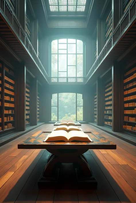 old library full of light, open books on a table, cyberpunk scenario, Japanese style, detailled image, 4K, Science fiction