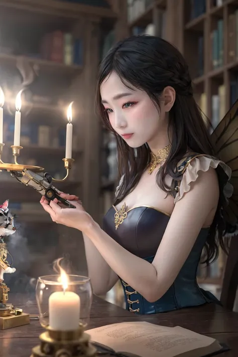 a whimsical scene unfolds: a steampunk faerie girl, adorned with intricate brass filigree and leather corset, sits amidst the wa...