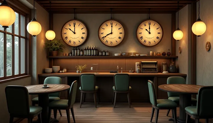 an underground Japanese coffee shop built in 1800, windowless, with six domed lights hanging from the ceiling, tinged with a sepia tone on the inside, on the wall of the cafeteria there were three large, old wall clocks, each with a different schedule, the...