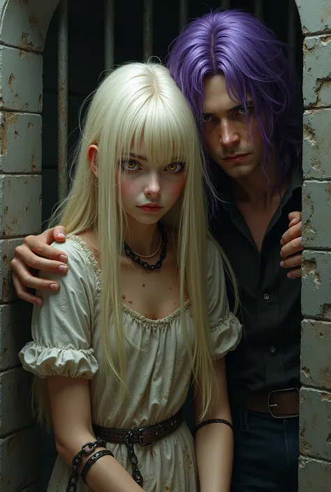 Chained golden white haired girl with honey colored eyes in dirty medieval clothes in a cell At his side a man with purple hair.