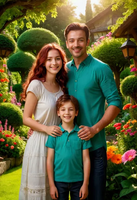 Scene of Happiness, a happy family in a beautiful garden, 1girl, 1boy, mother and father, family portrait, smiling, playing, laughing, (4k,8k,highres:1.2), ultra-detailed, vibrant colors, warm lighting, lush greenery, colorful flowers, picturesque landscap...