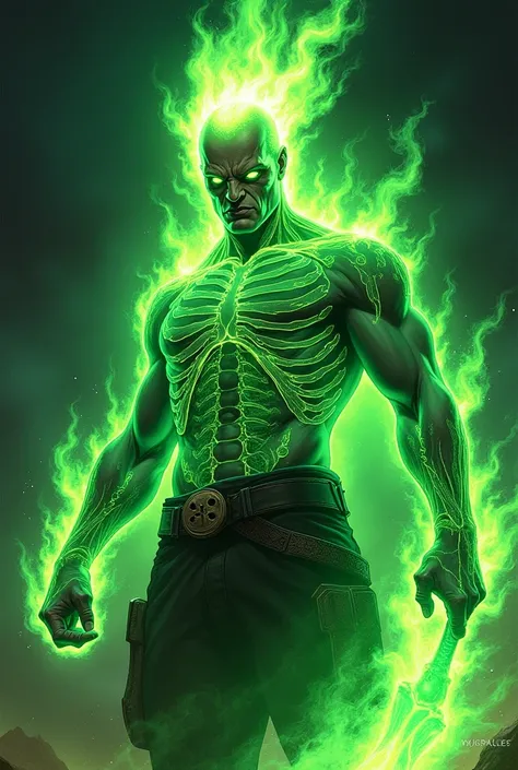 a closeup of a man with green fire on his head and torso, glowing human, As illustrated in Top Cow Comics, Shining in power, Holding green fire, Bright Green Soul Blade,skeleton,skeleton humano,bones,melt,nuclear,(1man)