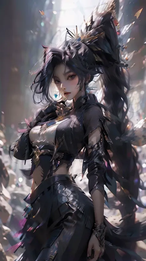 best quality,masterpiece,Ultra-high resolution,photoactual:4：0,black unicorn beast（Dragon head and tiger body）,shiny scales（1：0）,an oriental woman,Black single ponytail long hair shawl,Big breasts,Black dragon scale head style,Wear a black unicorn skirt,