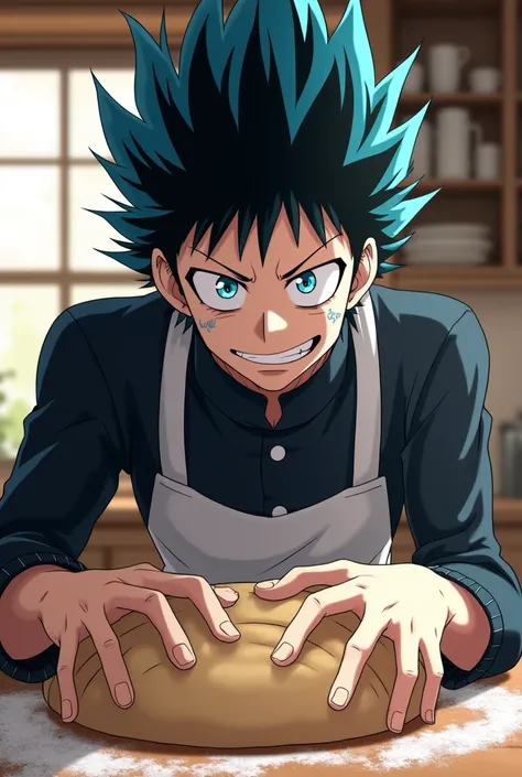 Dabi from boku no hero academia kneading pan, with happy face