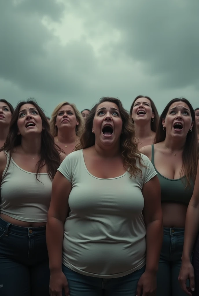 10 fat women with their mouths open in shock and a gray sky behind them 