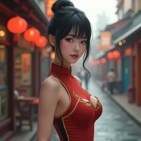 Asia girl student with smooth skin,Bangs,black hair,hair bun,(beautiful bra, C shape), wearing a chinese Cheongsamred uniform, a tight fit, The background is a Lost in the Phuket city,The most realistic picture.