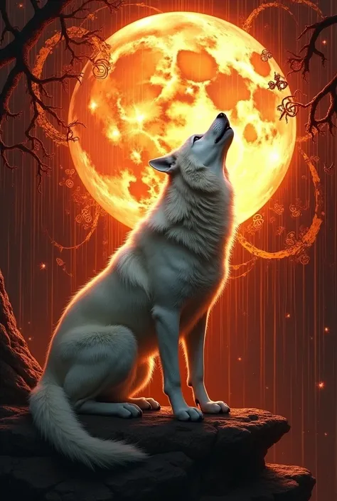 colored Voodoo and Demiurge symbols, A white wolf  howling to the moon , the moon stands out in the image, it is extremely, insanely beautiful, rainy glass bubble water or elastic glass-like material, reddish hues, digital painting in a rust color scheme, ...