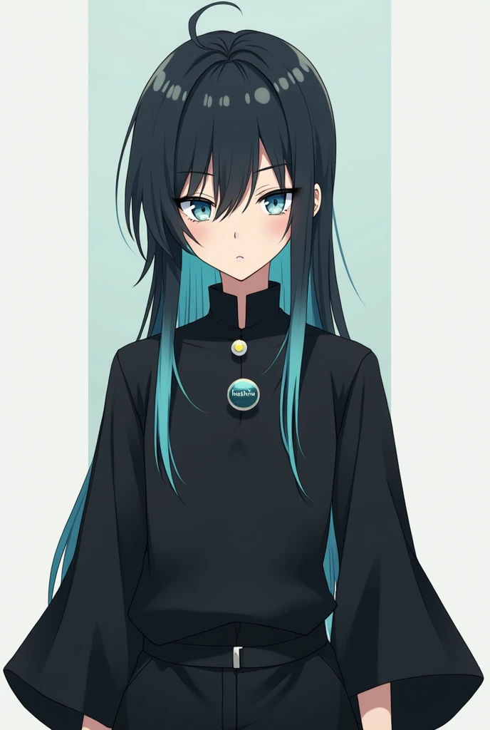 An anime boy with long black hair, cyan colored highlights on the ends of the hair, with bangs, wearing a loose black uniform with wide sleeves, and a decorative button on the garment, Written:"hashira", with dull blue eyes and an expressionless face.