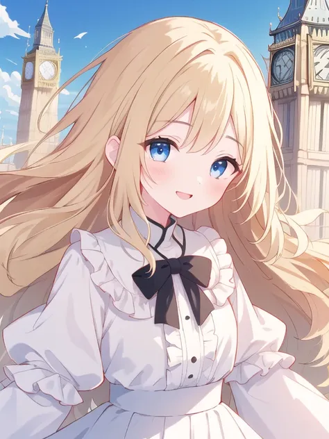 highest quality、ultra-high resolution、highly detailed face、eye highlights、（one girl、cute、、blue eyes、long wavy blonde hair、smile、...