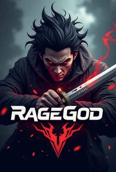 Gaming esport team logo inspired by solo leveling sung jin woo with sword full in rage and eye smoke and written RAGEGOD dark color theme futuristic and 3d 