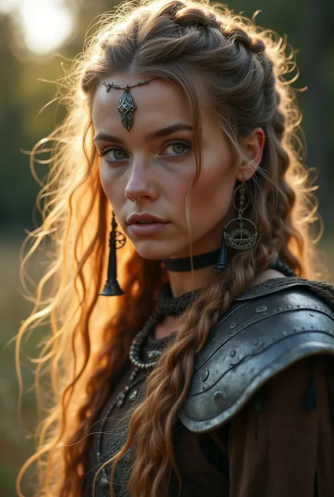 A striking, intricate full-color portrait of a beautiful Slavic woman transforming into a formidable Viking warrior, clad in authentic armor and adorned with meticulously crafted tribal accessories. Epic character composition brought to life by skilled art...