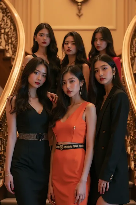 Im taking photos for a new concept album. Create a concept photo of a girl group posing on the stairs