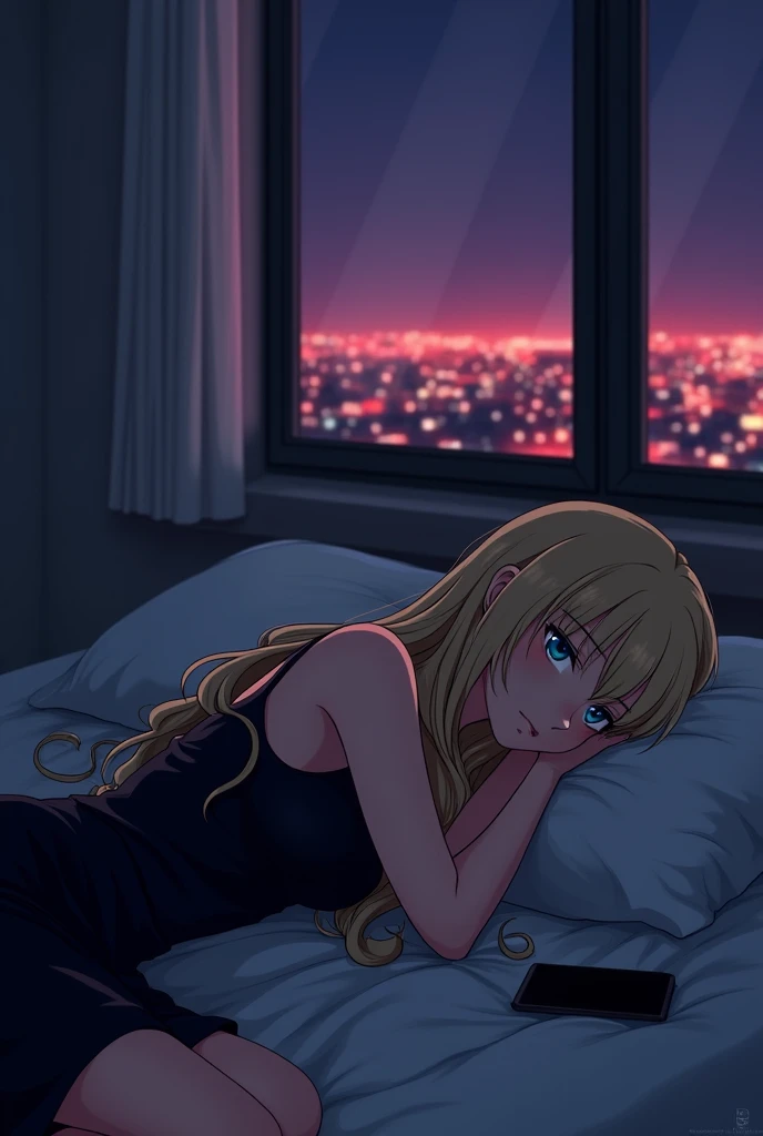 Blonde long wavy hair beautiful woman with blue eyes laying in a bed with her head in the pillow with a sad worried face she is using a strap black dress, her phone laying next to her, outside is dark but you can see the city lights as purple red and orang...