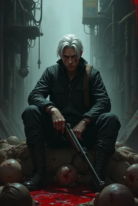 Draws a young white man in his 20s, white hair swept back, has a scar from a tiger paw on his right cheek, is sitting on a pile of corpses bleeding, and a rifle in his right hand, steampunk style