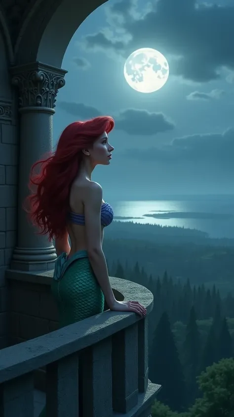 ariel, he has a sad look, super realistic female human face, she is on the castle balcony, Its night and the moon is full, trees on the horizon, sea not horizon