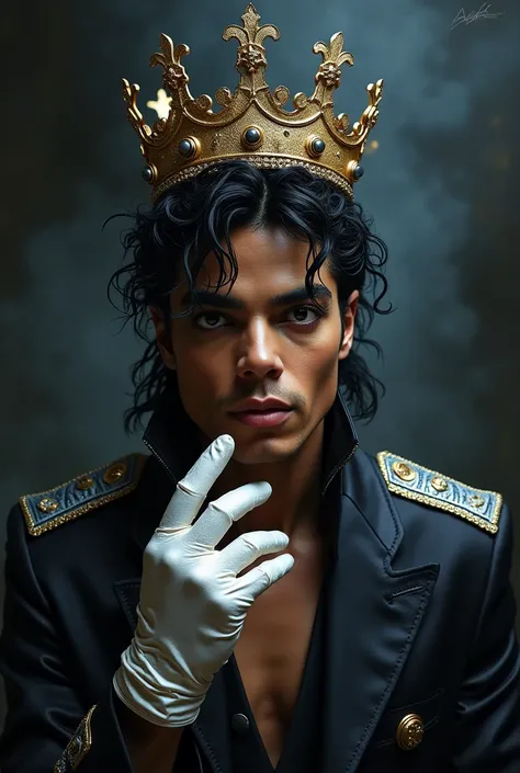 Michael Jackson with a crown on his head, in a dark environment and with only a shiny white glove on one hand . 