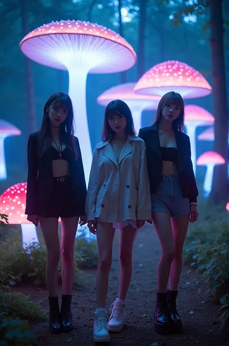 Im taking photos for a new concept album. Create a girl group concept photo with giant mushrooms that glow at night