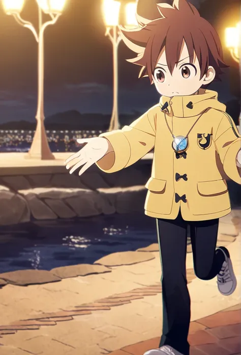 1boy, solo, litle, fairy tail, brown hair, brown eyes, yellow jacket, black Pants, hourglass pendant, open hands, arrogant look, night, walking along the river, promenade 