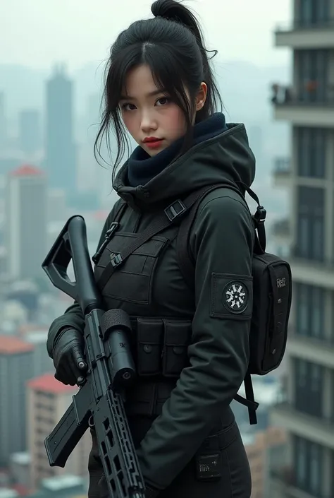 Chinese female sniper wearing a cloth mask standing on the roof of a high-rise building without a hood