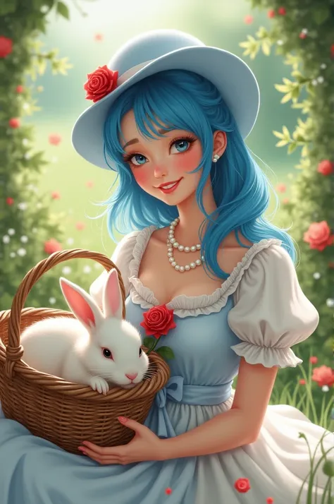 Girl 37age blue hatand  blue hair girl
With a very smiling and happy lip
With an old basket with a white rabbit in it
With a white princess dress and
A pearl necklace with a red rose
inside the bed