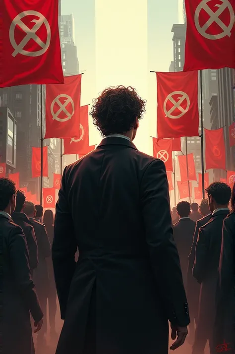 A scene that mixes symbols of socialism and anarchism, with the central character showing a change of ideals, perhaps in an atmosphere of debate or protest.