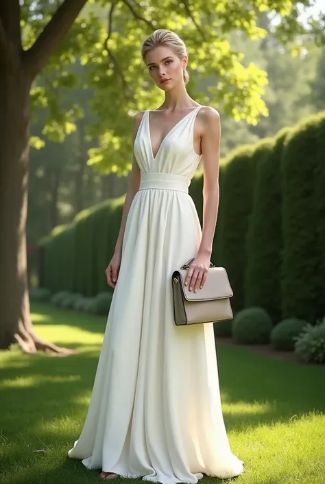 swedish elegant woman with elegant bag white dress