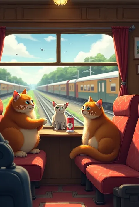 : At the railway station, a chubby . Inside the railway car, the two cats sit snugly in their seats, peering out the window as the landscape speeds by.