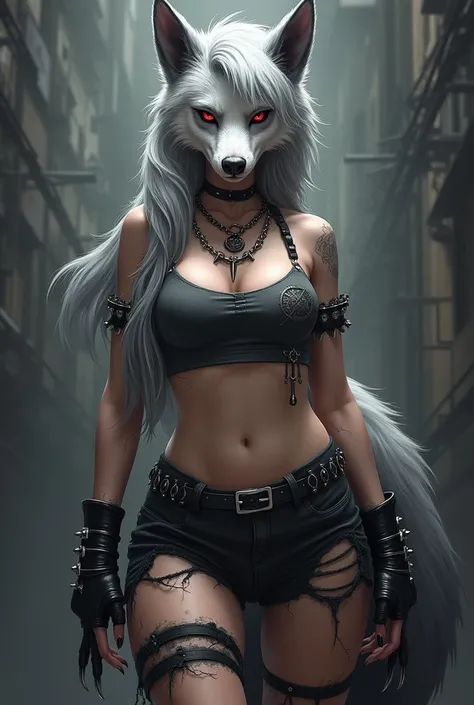 A hellhound with a wolf-like appearance. It has a pointed, dog-like snout with sharp teeth., pointed and a dark grey nose. His eyes have red sclera with white iris and he wears dark grey eyeshadow.. He has a piercing in his right eyebrow.

His fur is white...