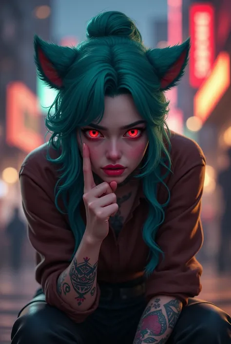 Kneel down, Get on all fours, Arcane style, Fantasy City, night, Fiery red pupils, At full height (Whole body 1.1.), Fingers clenched into fists, Middle finger gesture, explode, flash, 1 girl, Tattoo on arm, Asymmetrical bangs, Pompadour, Blue fur, Weaving...