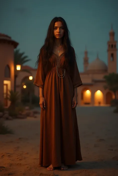 (une fille), marocaine, seule, cheveux longs, résistance (djellaba marocaine brune pied nu ), portrait (plan moyen), portrait, gros plan, point de vue, fond flou, fond (nuit, mosquée marocaine , maisons lointaines, fenêtres éclairées, plafond, Veilleuse), ...