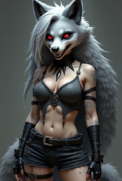 A hellhound with a wolf-like appearance. It has a pointed, dog-like snout with sharp teeth., pointed and a dark grey nose. His eyes have red sclera with white iris and he wears dark grey eyeshadow.. He has a piercing in his right eyebrow.

His fur is white...