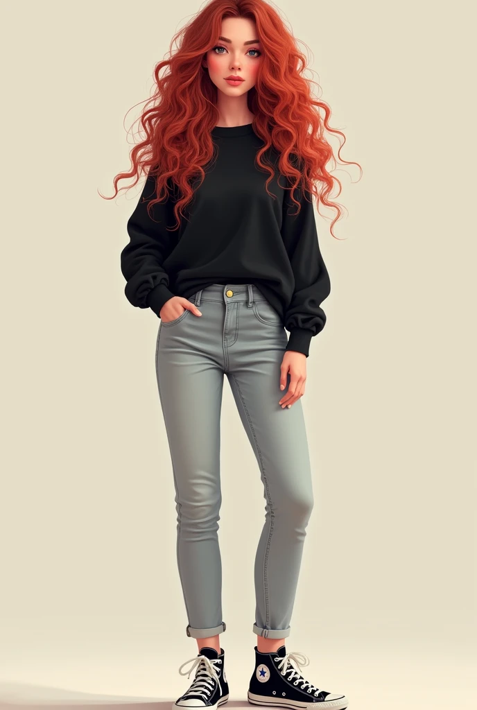 A 20-year-old woman in digital art style smiling without showing her teeth with long wavy and curly hair in a mix of red and white wearing a black sweater and light jeans covering some of her black All Star sneakers I want the whole body to appear