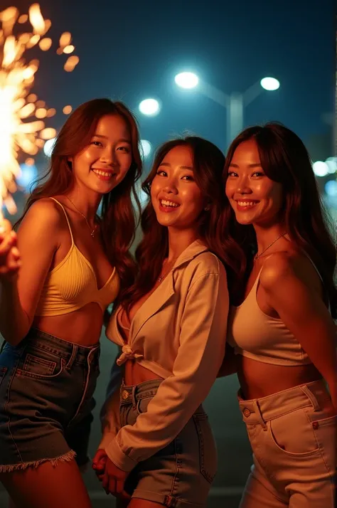 Im taking photos for a new concept album. Create a concept photo of a girl group having fun together with "one spark" at night