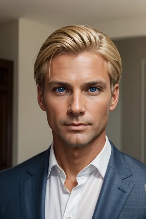 (best quality), 1boy, male, 40 years old, mature male, tanned skin, blonde hair, medium hair, side part, dark blue eyes, perfect...