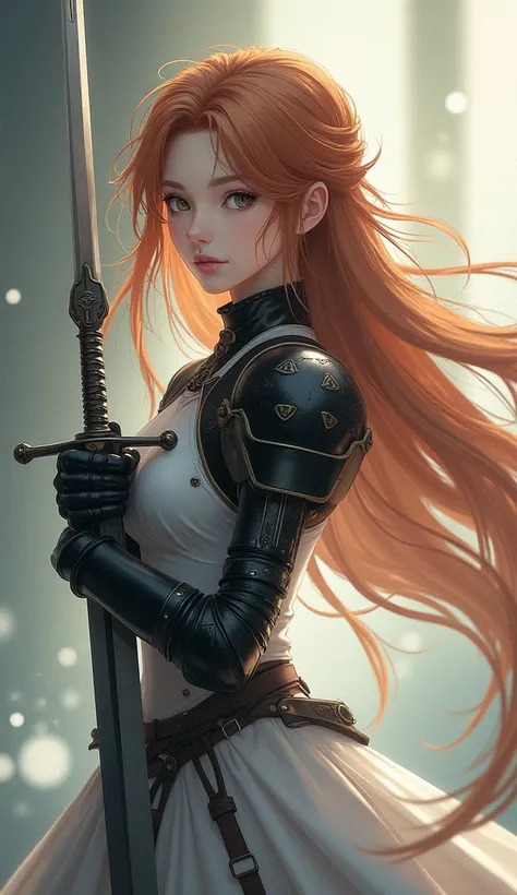 Theme of the game Final Fantasy. Image of a bronze-haired girl standing holding her favorite sword, wearing light armor in black and white, pastel colors, and dramatic tones. A masterpiece with the highest resolution , Image type surreal anime 