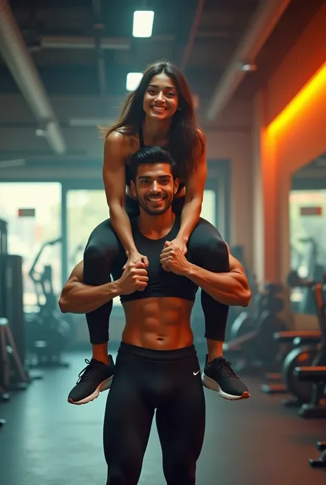  a smiling and beautiful indian actress in gym outfit carrying a large chubby man on her shoulders in a gym, man is sitting on top of her shoulders , man on top, woman at bottom 