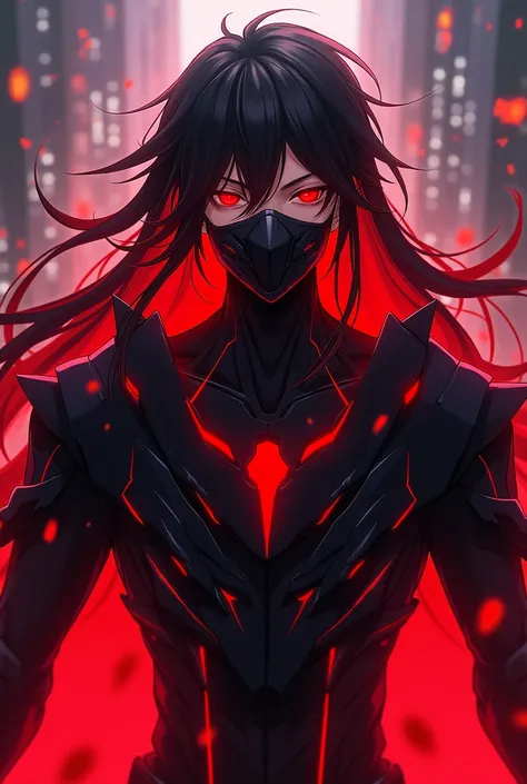 male character, long black and red hair, dark red eyes. Dark armor with red aura, black futuristic mask with red aura. anime dash 