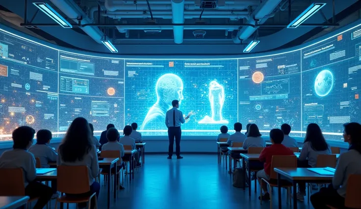 Innovative educational environments featuring AI-powered holograms and virtual reality for immersive learning experiences.