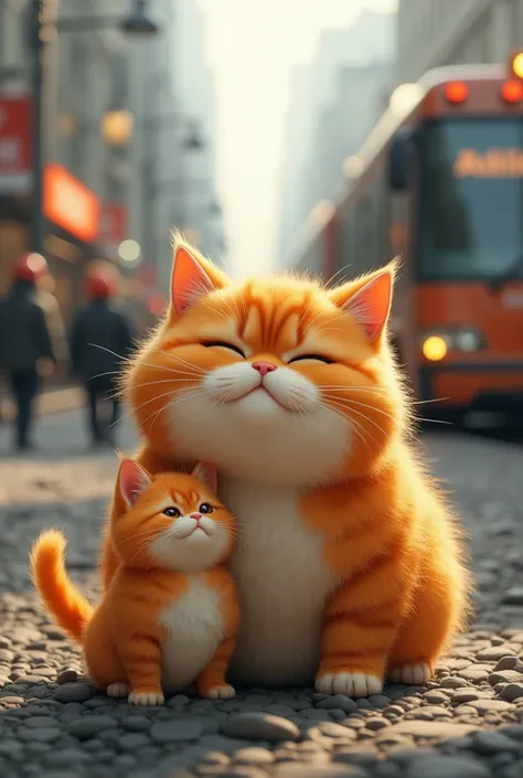 Write a Story of "an orange hair chubby cat traveling with his chubby orange kitten from the railway station to a bus crash . A rescue team arrives, carefully lifting the injured cats and transporting them to an awaiting ambulance, heading towards the hosp...