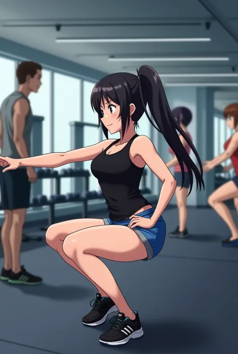 The image is a screenshot of a video posted on Instagram. It shows a anime girl  in a gym, performing a squat exercise. She is wearing a black tank top and blue shorts, and her hair is tied back in a ponytail. The woman is in the middle of the exercise, wi...