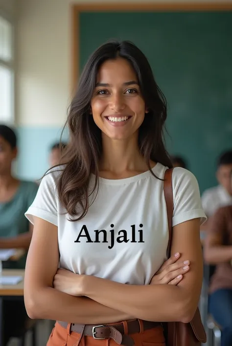 A 40 year old teacher wearing a t shirt in school. her name Anjali written on her t shirt. Gayatri Memorial Public School written in background
